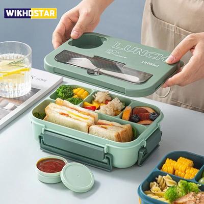 Fiambrera portátil de 1300 ml para niños, estudiantes, oficina, caja Bento con tenedor y cuchara, recipiente para almacenar alimentos en microondas