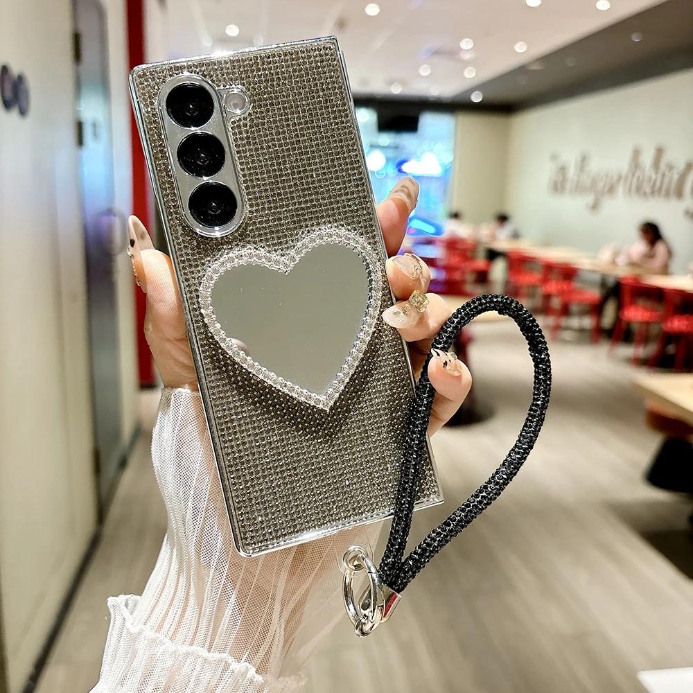 Luxuriöse Strass Hart PC Make-up Spiegel Handyhülle für Samsung Galaxy Z Fold 7 6 5 4 mit tragbarem Armband Stoßfeste Schutzhülle
