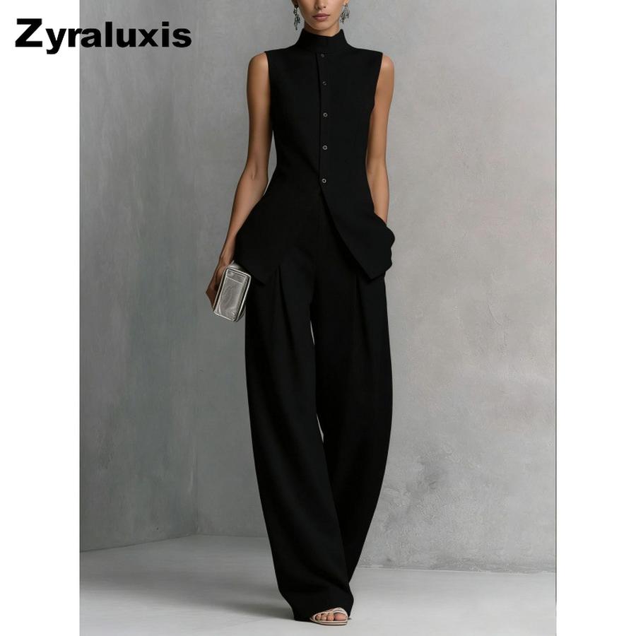 Completo Camicia Lino Cotone Donna Estate Senza Maniche Pantaloni Lunghi Completo