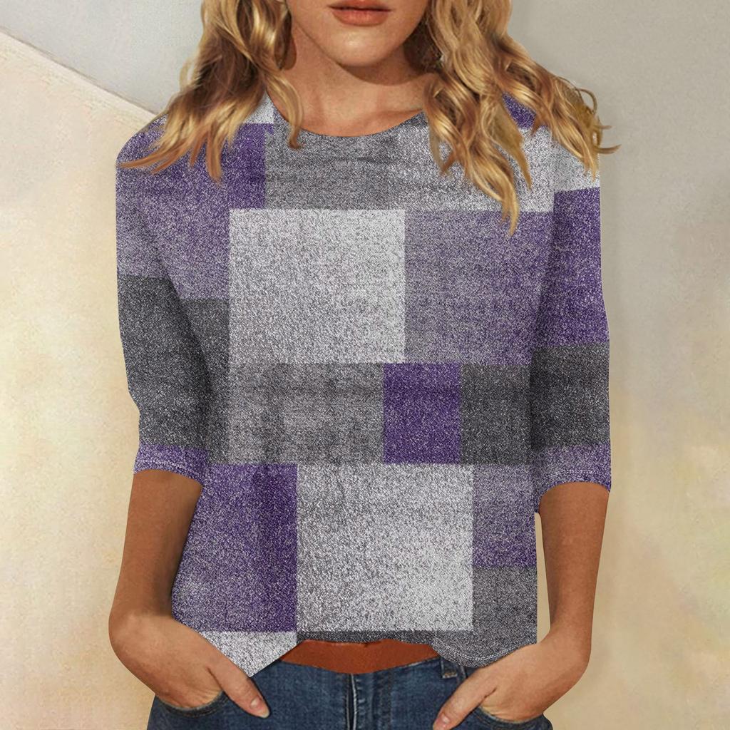 Women's Fashion Casual Three-quarter Sleeve  Printed Round Neck Top