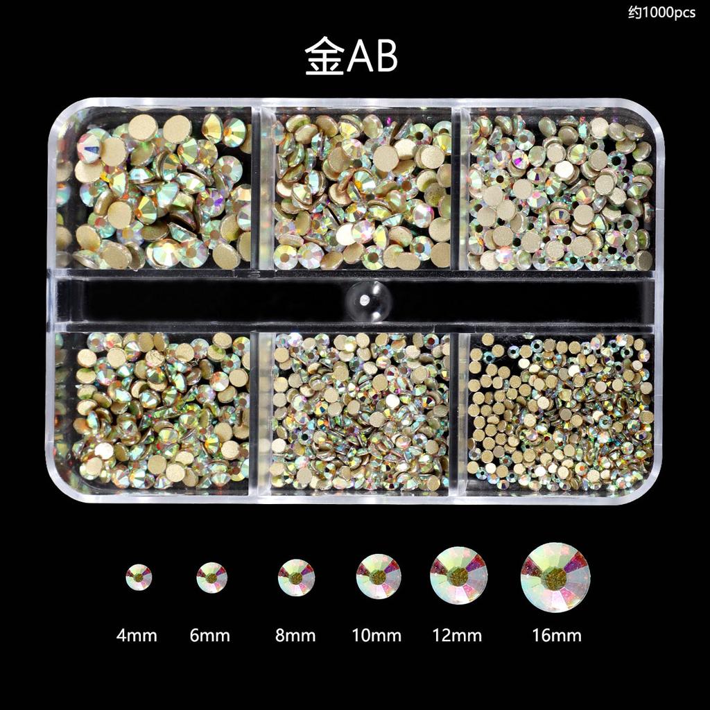 Nail Art Diamond 6 Grid Glass Flat Bottom Round Diamond Crystal Transparent Ab Mixed Color Large And Small Mixed Decoration