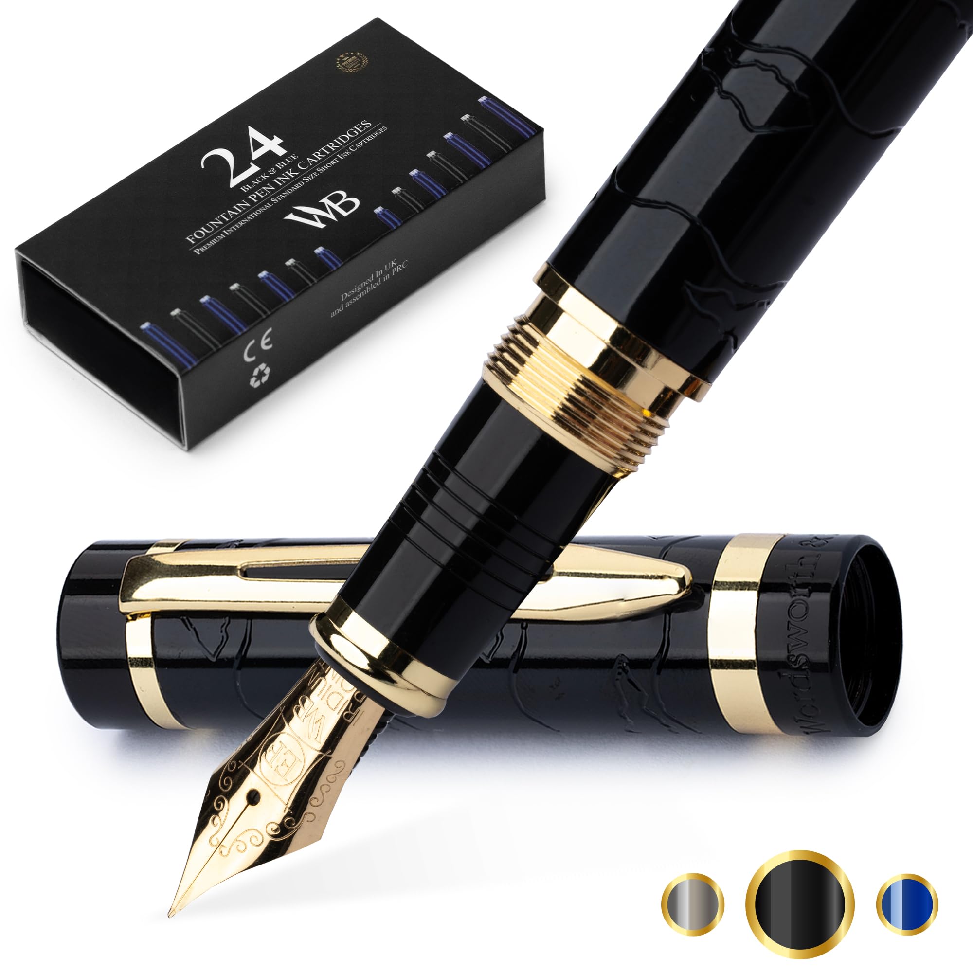 

Wordsworth Black Primoli Fountain Pen Set Includes Extra Fine Gift 24 Ink Refill and Perfect for and Smooth and & [Black Gold] Nib, Case, Cartridges,