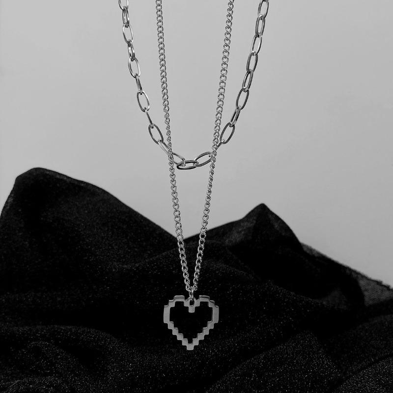 Trend fashion double-layer stacked wearing hollow love necklace new trendy niche personality men's and women's hip-hop collarbone chain