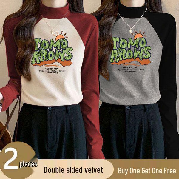 

Two-Piece Women s Velvet Color Block Semi-High Neck Slim Fit Warm Shirt XL [115-130 Jin]