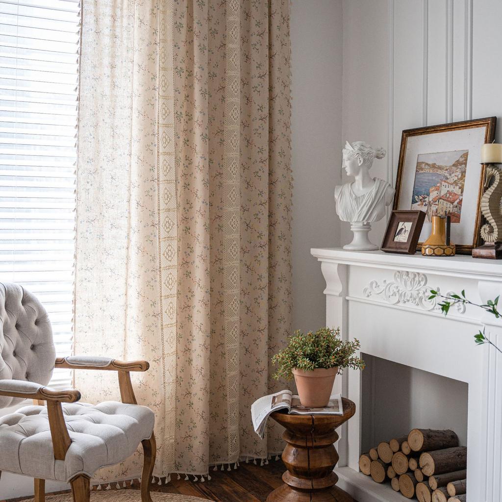 Curtain Lanju Finished Product Printed Hollow Splicing American Kitchen Semi Blackout Curtain Tassel