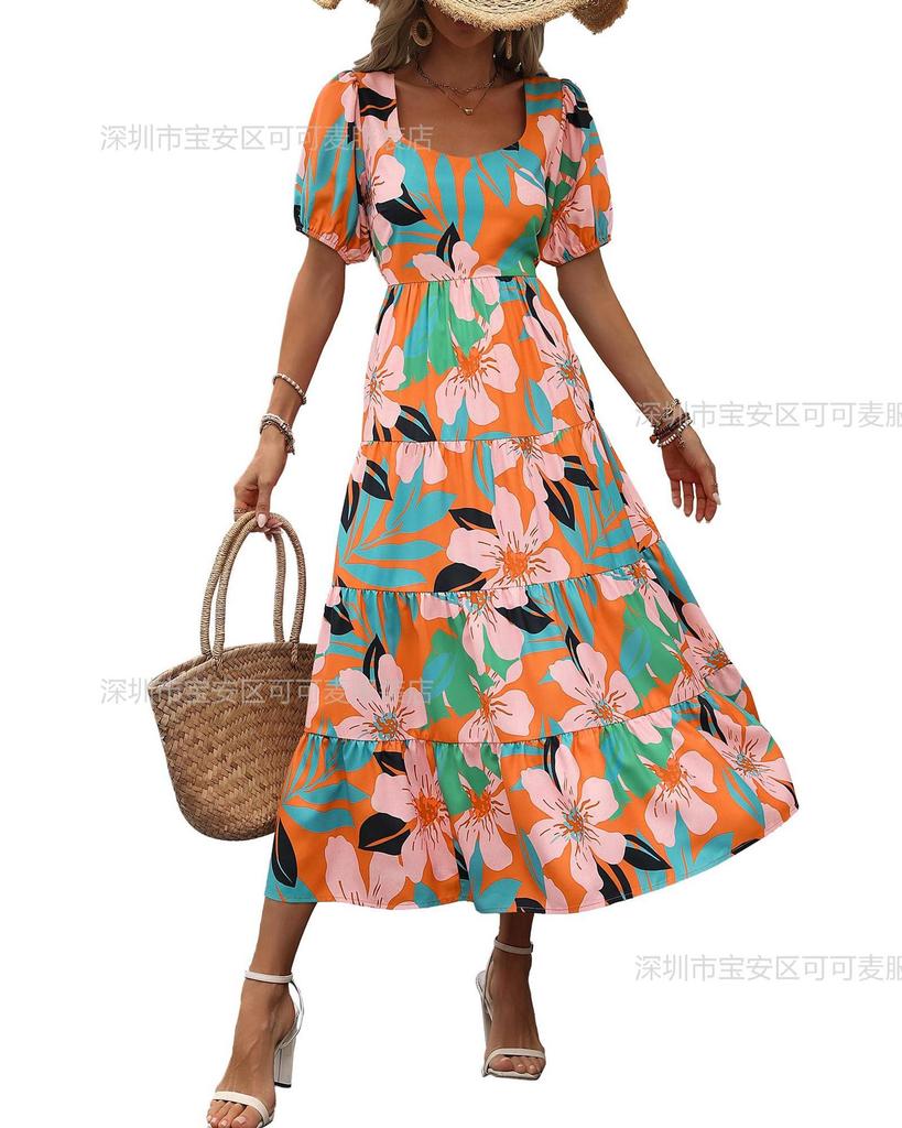 2 New bubble sleeve pleated backless printed high waist short sleeve dress women