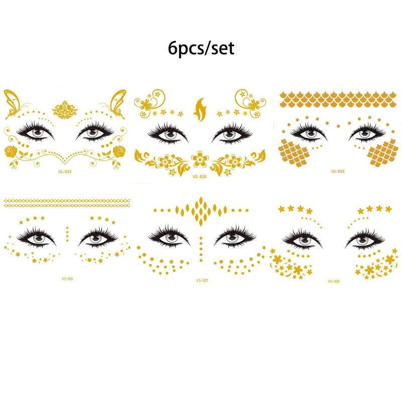 Pegatinas de purpurina para tatuajes faciales, tatuajes temporales metálicos dorados, calcomanías de maquillaje impermeables para chicas, fiestas, festivales de música