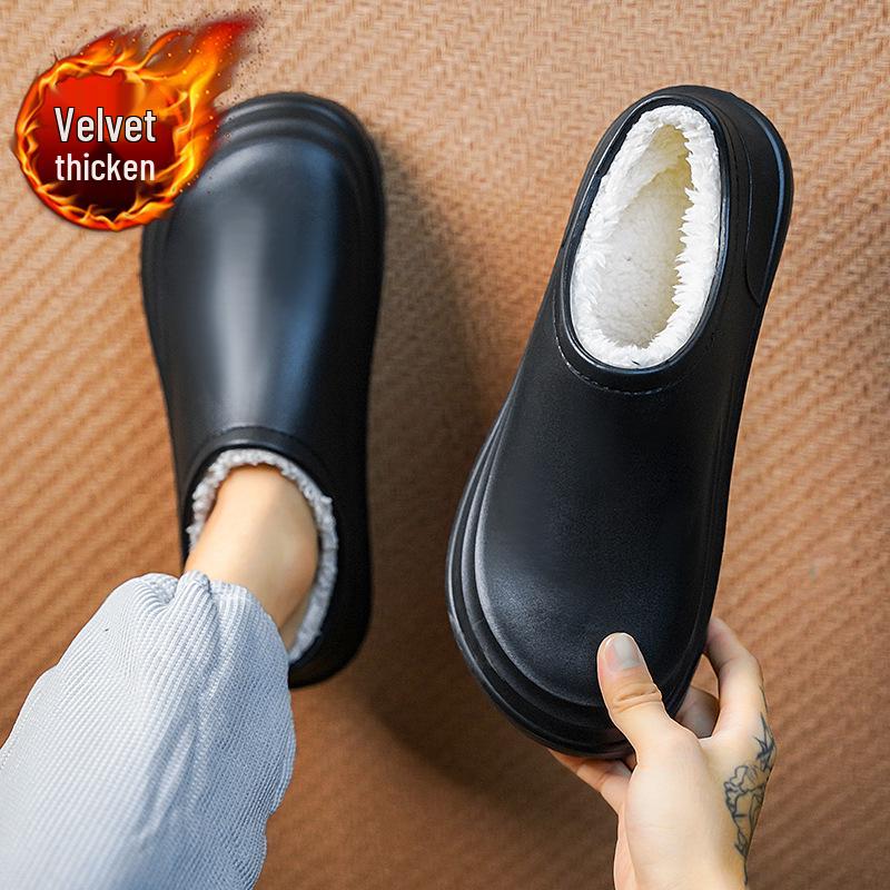 Men's Winter Plush Cotton Slippers: Thick, Waterproof, Non-Slip, Heel-Covered, Soft-Soled, Large Size, Warm.