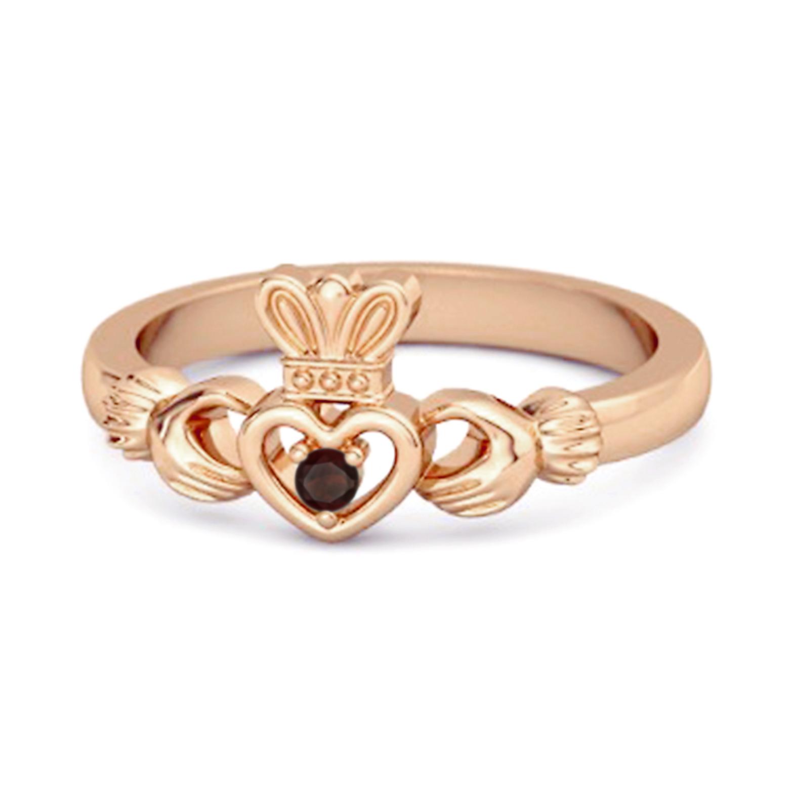 Garnet Claddagh Irish Heritage Symbol Ring - 925 Sterling Silver Rose Gold Vermeil 7