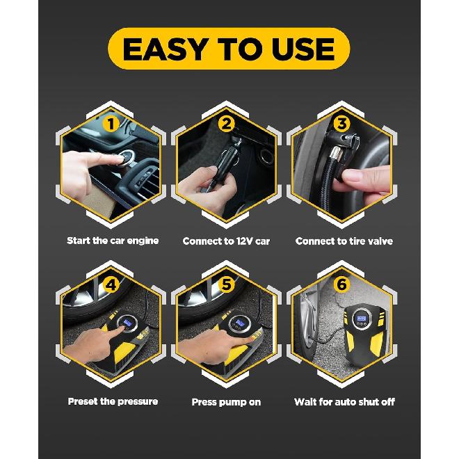 Tire Inflator Portable Air Compressor, 12V DC Car Tire Pump with Digital Pressur