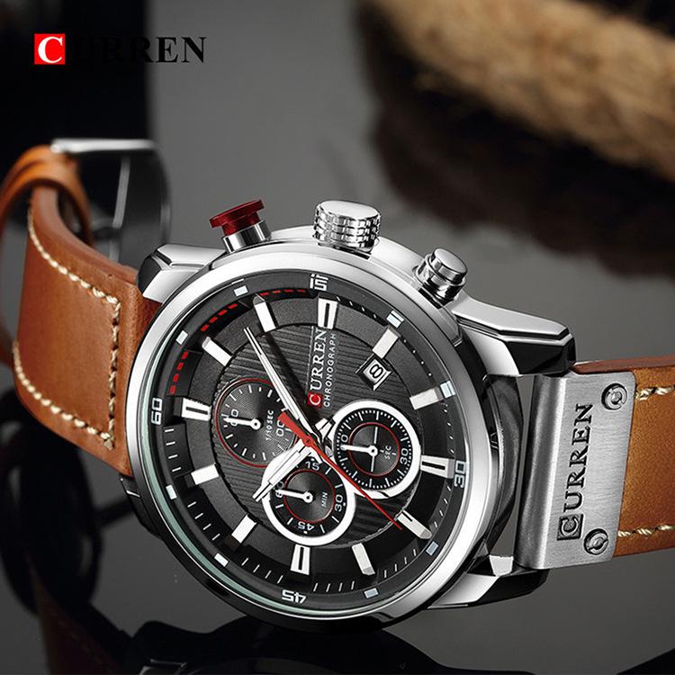 Curren 8291 Men's Multifunctional Leather Strap Watch with Six-Hand Calendar and Large Dial