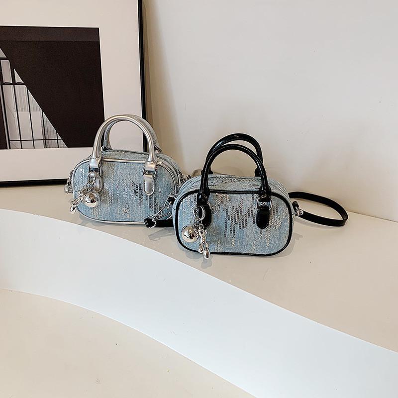 IELGY Korean Style Denim Sequined Portable Bowling Bag Contrast Color One-Shoulder Messenger Small Square Bag