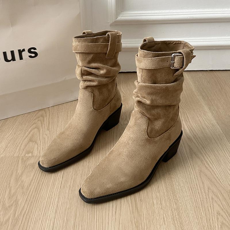 Autumn Winter Suede Pointed Toe Women Ankle Boots Fashion Slip On Thick Heel Shoes Ladies Elegant Slim Short Booties