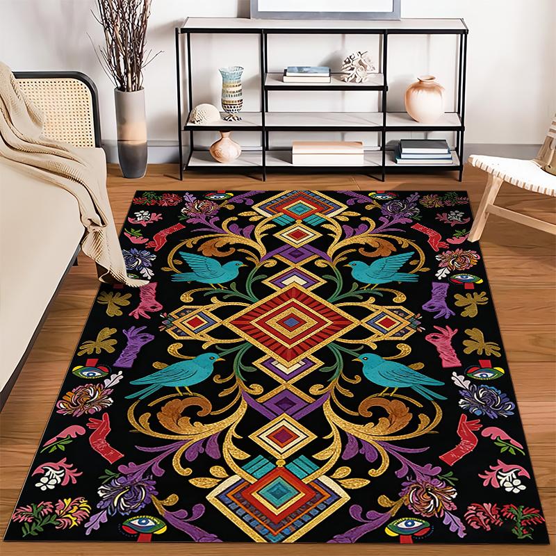 Colorful Abstract Carpet with Birds, Floral Patterns, and Geometric Shapes Suitable for Use As an Anti-slip for Living Room Bedroom Sofas