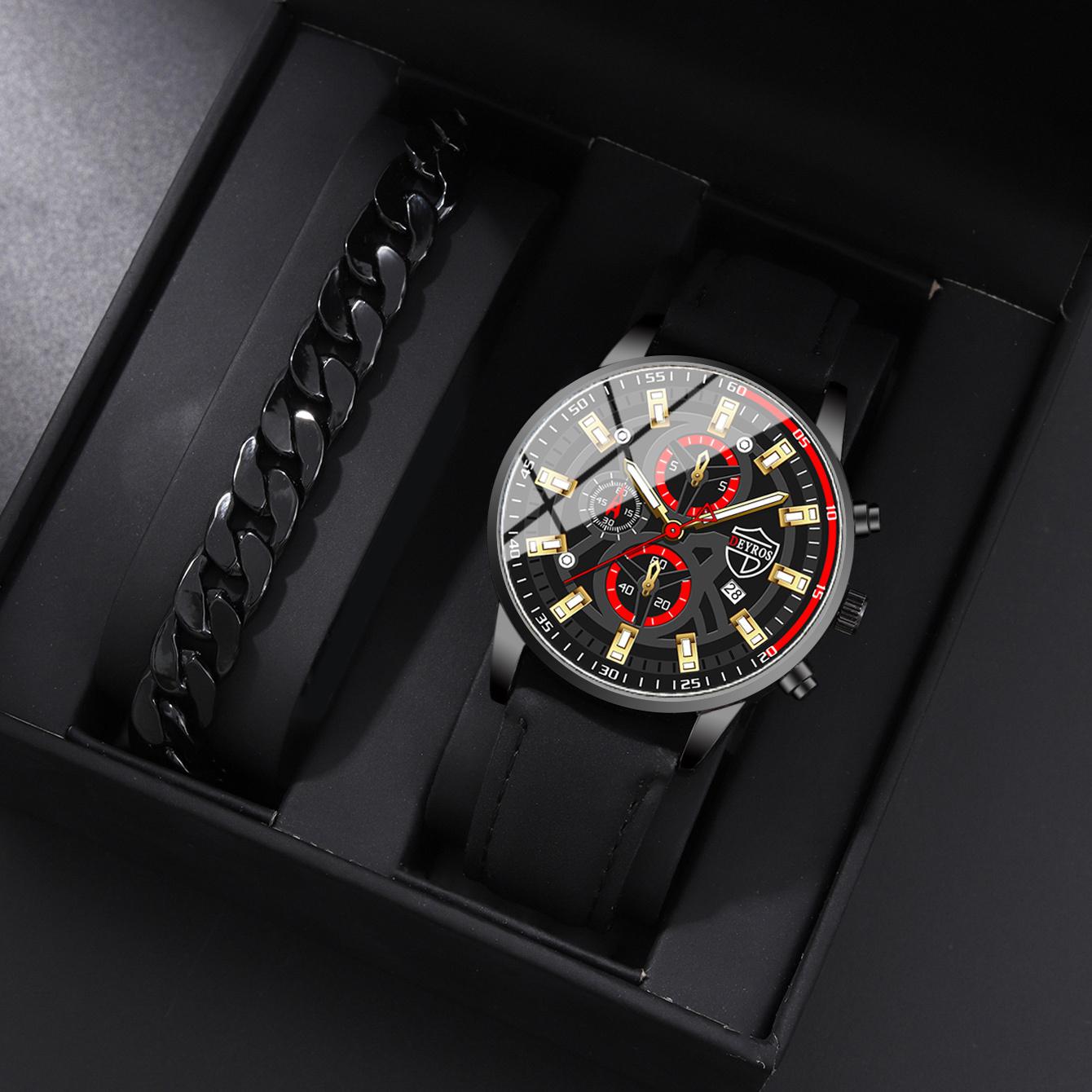 

Набор из 2 предметов DEYROS Luxury мужские часы деловые мужские часы с кожаным ремешком и календарем повседневные мужские модные кварцевые часы с браслетом мужские подарки