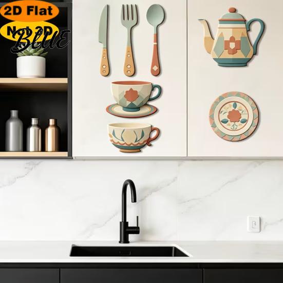 Decorative Wall Stickers for Home 7Pcs 2D Flat Kitchen Wooden Decor, Retro Teapot Tableware Themed Modern Murals Art, Self‑Adhesive Plaques
