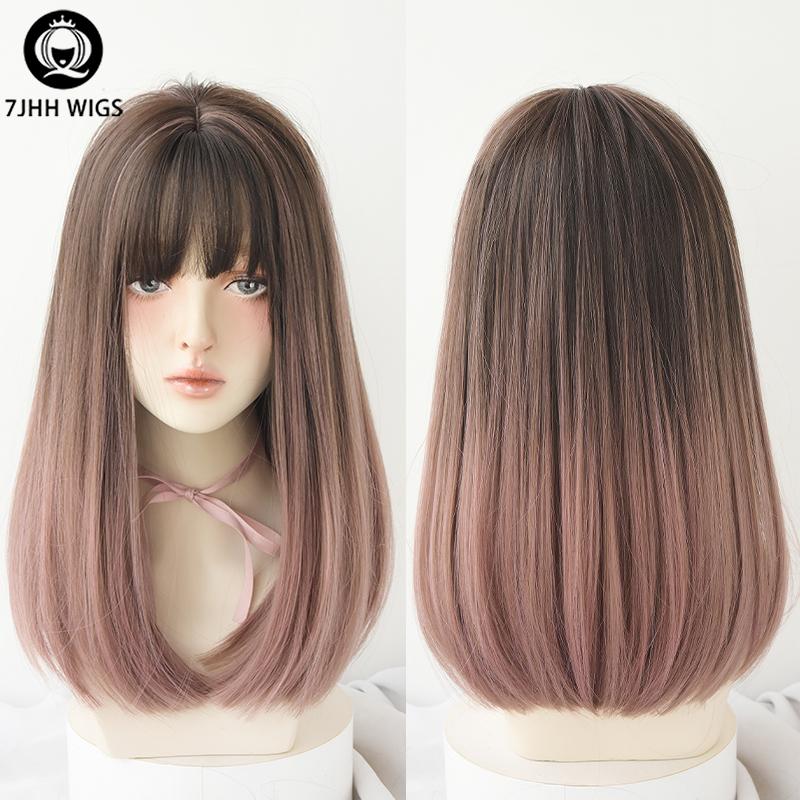 7jhh Perücken Lange glatte Perücken mit Pony für Frauen Omber Blau Synthetisches Häkelhaar Afroamerikaner Lieblings-Damen Vollperücke