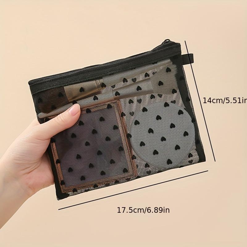 Trendy Mesh Heart Cosmetic Bag, Portable Zipper Toiletry Organizer, Perfect Lipstick Bag Coin Bag Carry-on Storage Bag
