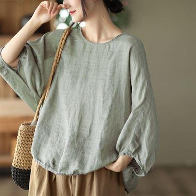 T-shirt Rétro en Coton et Lin pour Femmes Grande Taille Décontracté Ample Col Rond Manches Longues T-shirts Printemps Été Hauts Basiques Chemises