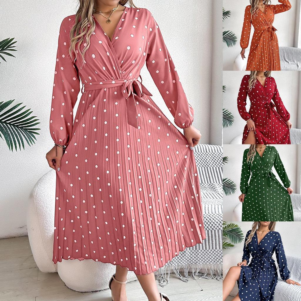 Robe imprimée à col en V et à superpositions, moulante, élégante, plissée, à pois ondulés, manches longues, ample, décontractée
