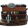 European Retro Leather & Wood Bead Bracelet Set: 6-Piece Bohemian Handmade Woven Style