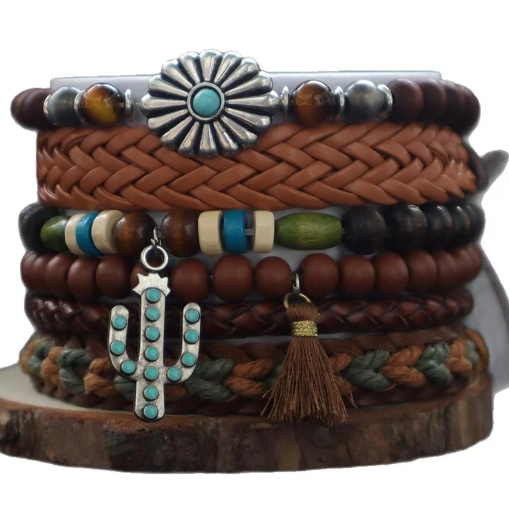 European Retro Leather & Wood Bead Bracelet Set: 6-Piece Bohemian Handmade Woven Style