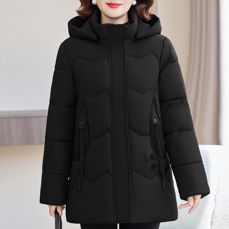 Women Middle‑Aged Winter Padded Coat Detachable Hood Embroidery Warm Quilted Jacket XL‑5XL