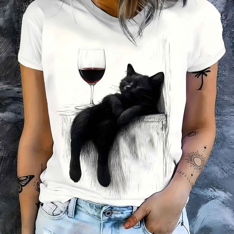 

Sketch art cat wine red wine glass, artistic simplicity daily commuting women s T-shirt, round neck short sleeved T-shirt S