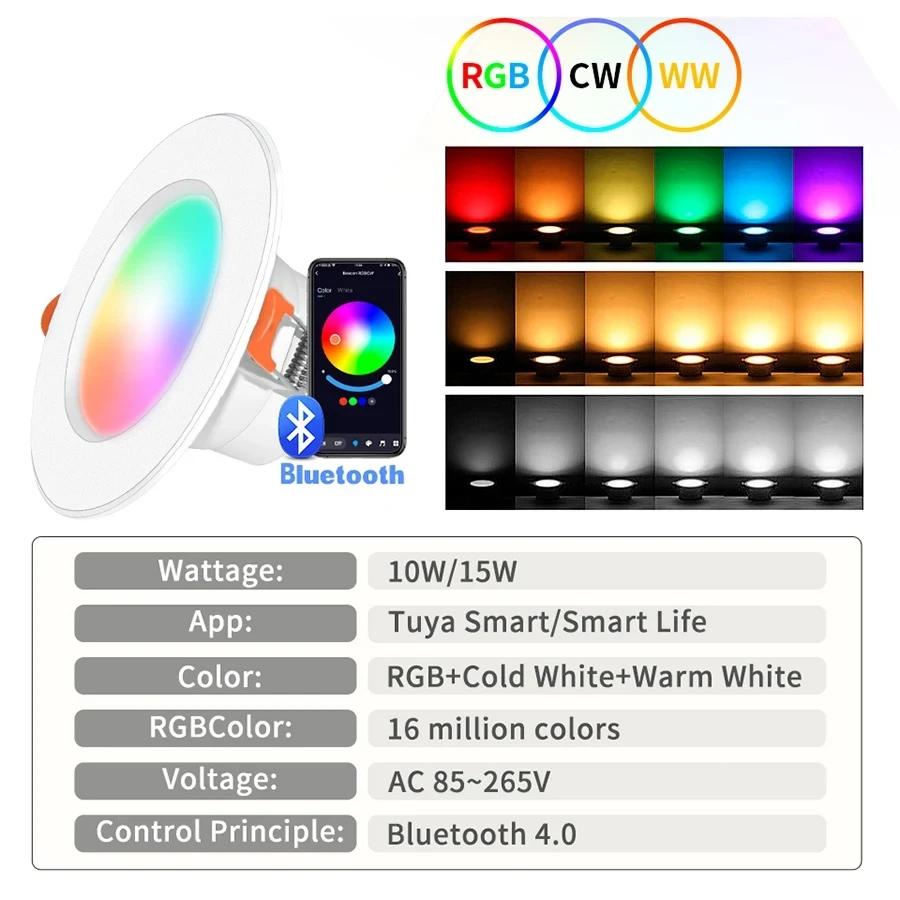 Tuya Bluetooth Smart LED Ceiling Light 10W 15W Indoor Recessed RGB Dimmable Light APP Control Multi-function Timer Lights