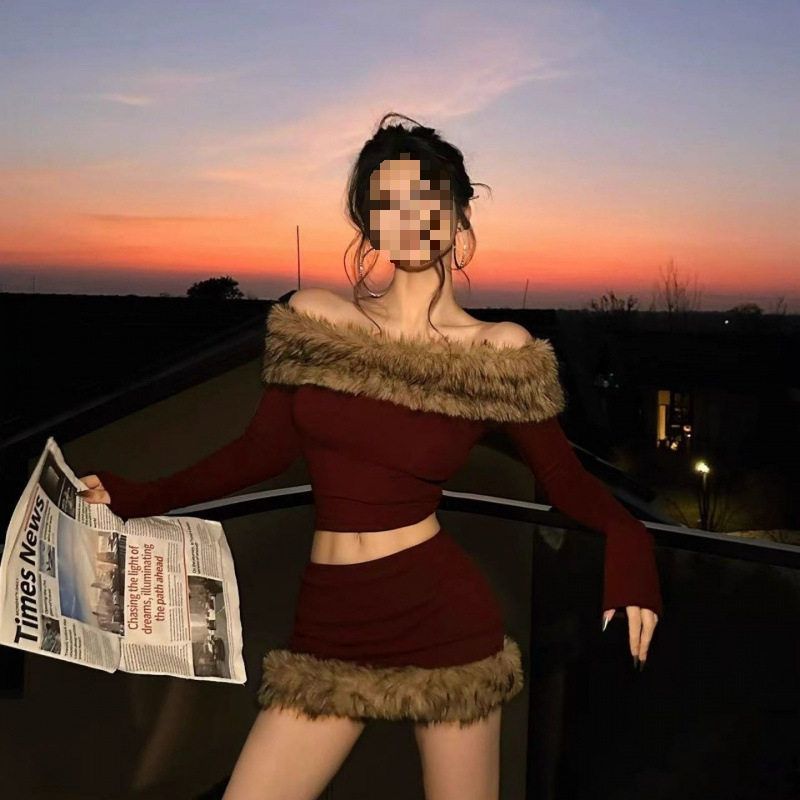 Hot Girl Style Knitted Suit 2025 Autumn and Winter New Style Terry Patchwork One-Shoulder Top High-Waisted Skirt Two-Piece Suit