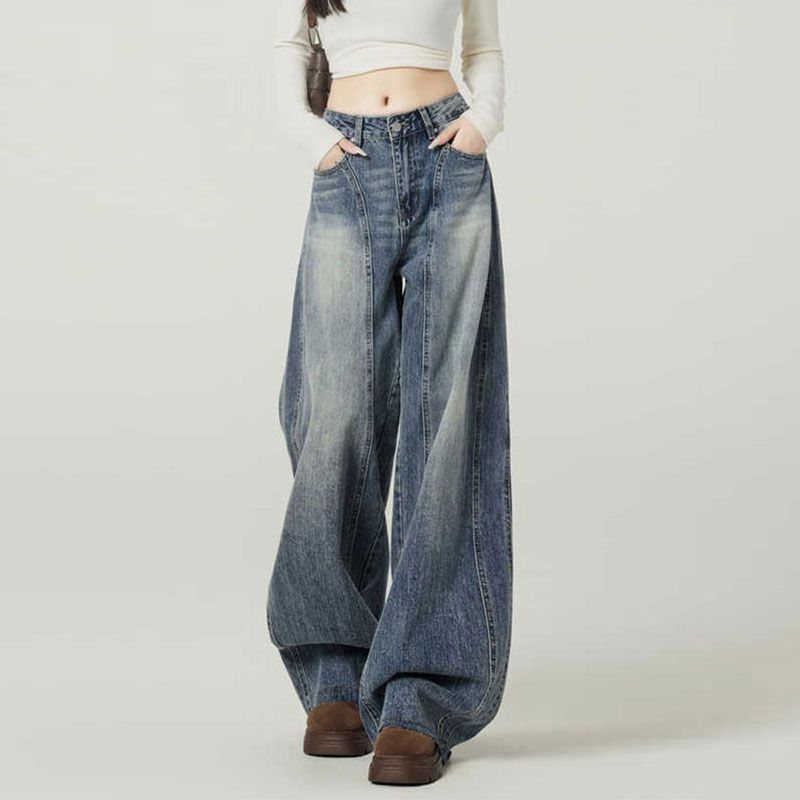 

Comfortable Vintage Blue High Street Wide Leg Jeans Women s Trendy Versatile Trendy Design Sense High-waisted Thin Scimitar Trousers Long Denim Pants 4XL