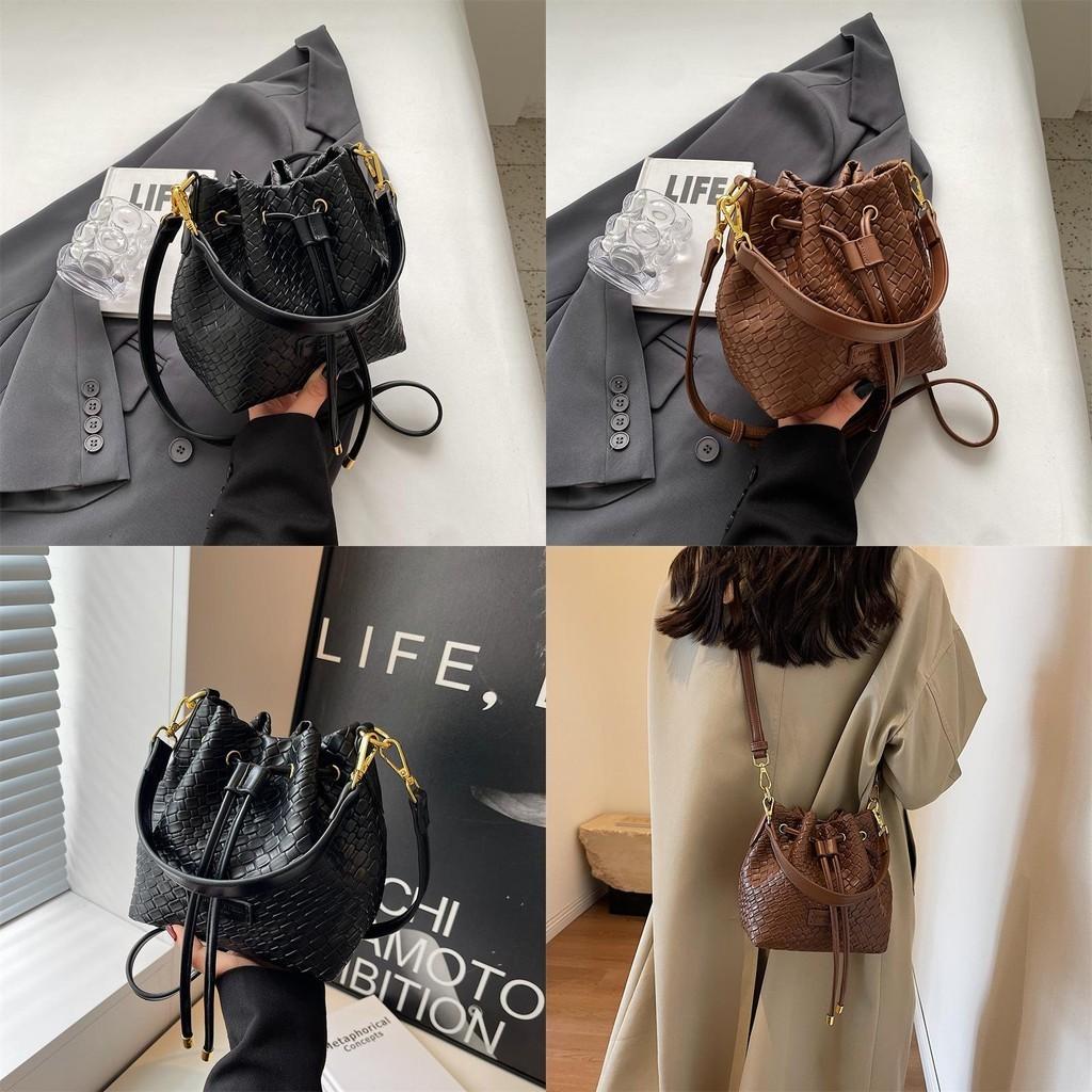 Trendy Pu Drawstring Bucket Bag 2023 Autumn Winter New Single Shoulder Crossbody French Niche Design Handbag Black
