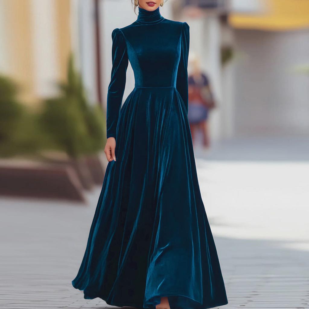Women's Velvet High Neck Dress with Fitted Waist and Flared Skirt for Elegant Occasions