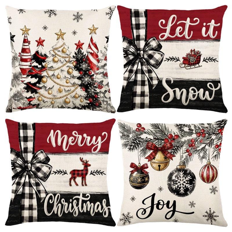 Christmas Theme Short Plush Pillow Cover Set Holiday Print Cushion Case for Living Room Sofa Home Decor 45x45cm
