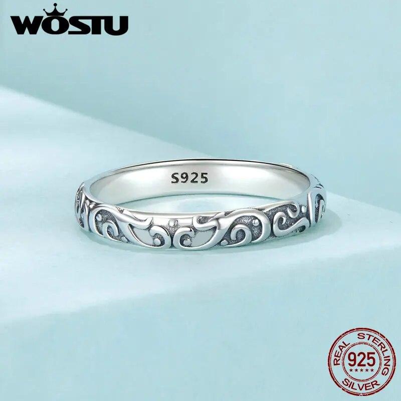 WOSTU Vintage 925 Sterling Silber Vintage Muster Ring für Frauen Einfacher Stil Silber Retro Ring Edlen Schmuck Geschenk