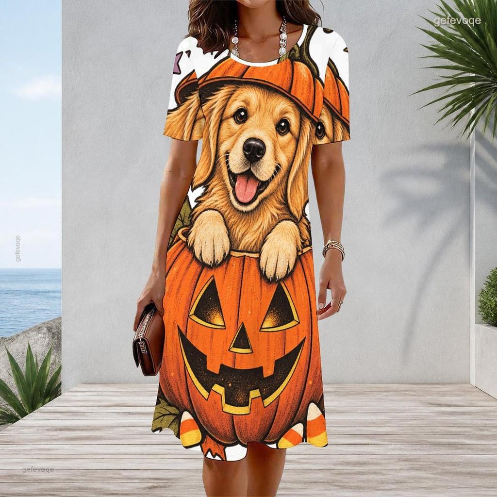Women Plus Size Round Neck Short Sleeve A Line Dress Cute Cartoon Raccoon Pumpkin Printed