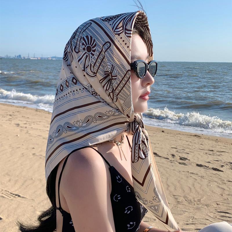 Nordic simple silk scarf long female French retro black and white striped large square scarf tied hair ins headscarf headband shawl