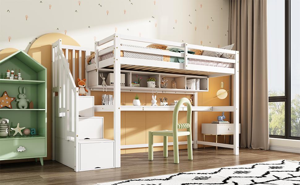 Children's Loft Bed with Storage Staircase 90*200cm, Solid Wood+MDF, Bunk Bed with Large Desk and Shelves, Environmentally Friendly Colors, White