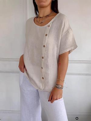 2025 Spring/Summer Women's Cotton Linen Button Short Sleeve Top - Comfortable & Breathable