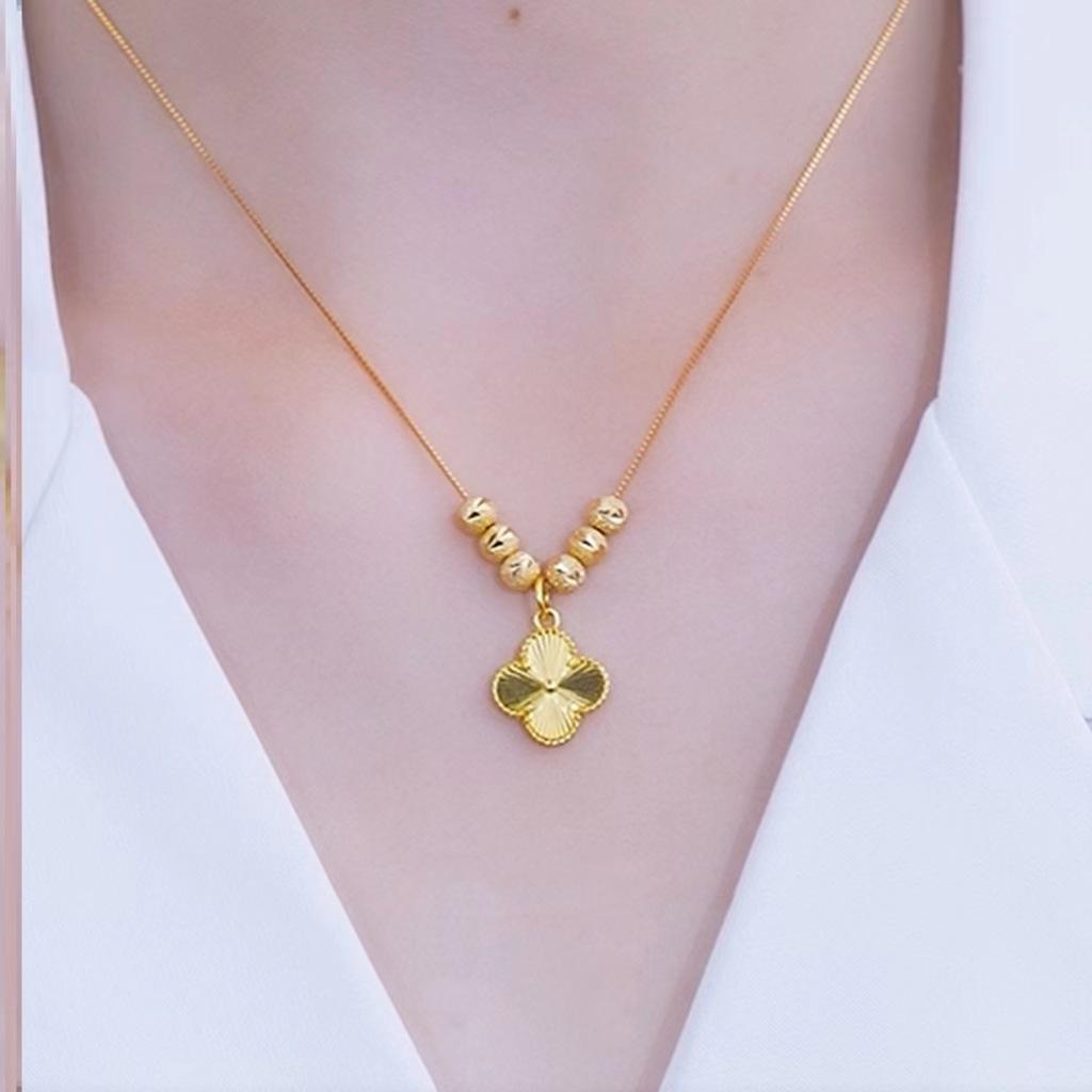 Vietnam Gold-Plated Four-Leaf Clover Necklace with Bead Pendant for Women