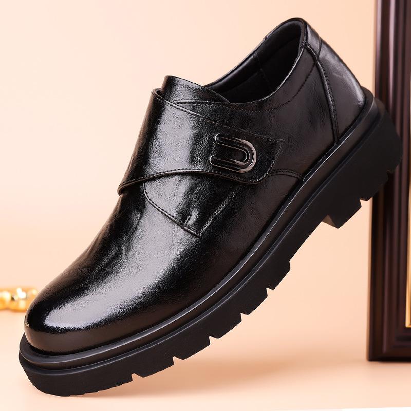 2024 Autumn and Winter New Men's Business Dress Leather Shoes Men's Round Head Platform Velcro Men's Shoes British Casual 9355