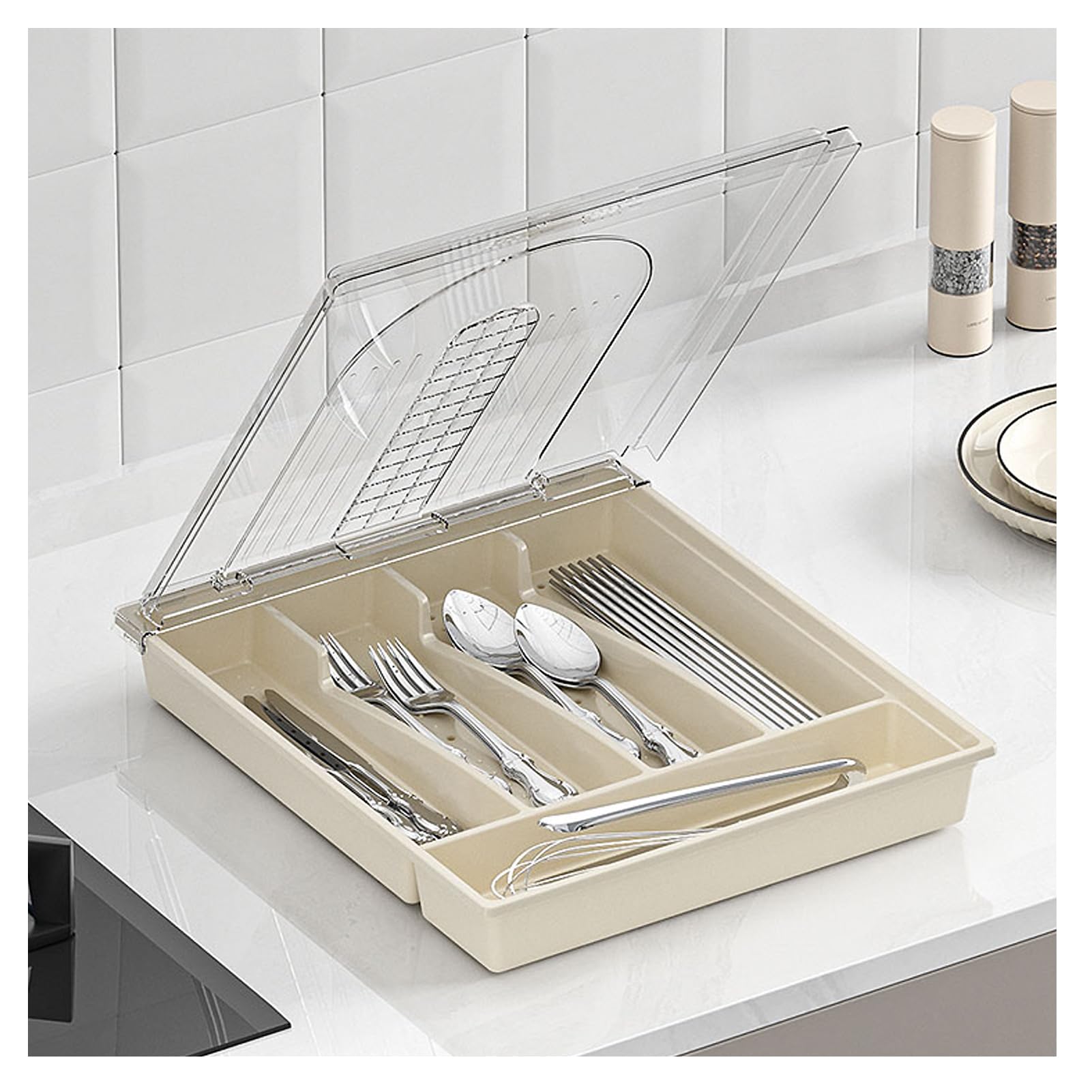 

Sitengle Cutlery Case with Drawer Cutlery Storage Cutlery Dish Kitchen Kitchen Tools White Transparent Lid, Box, Tray, Tray, Divider, Dustproof,
