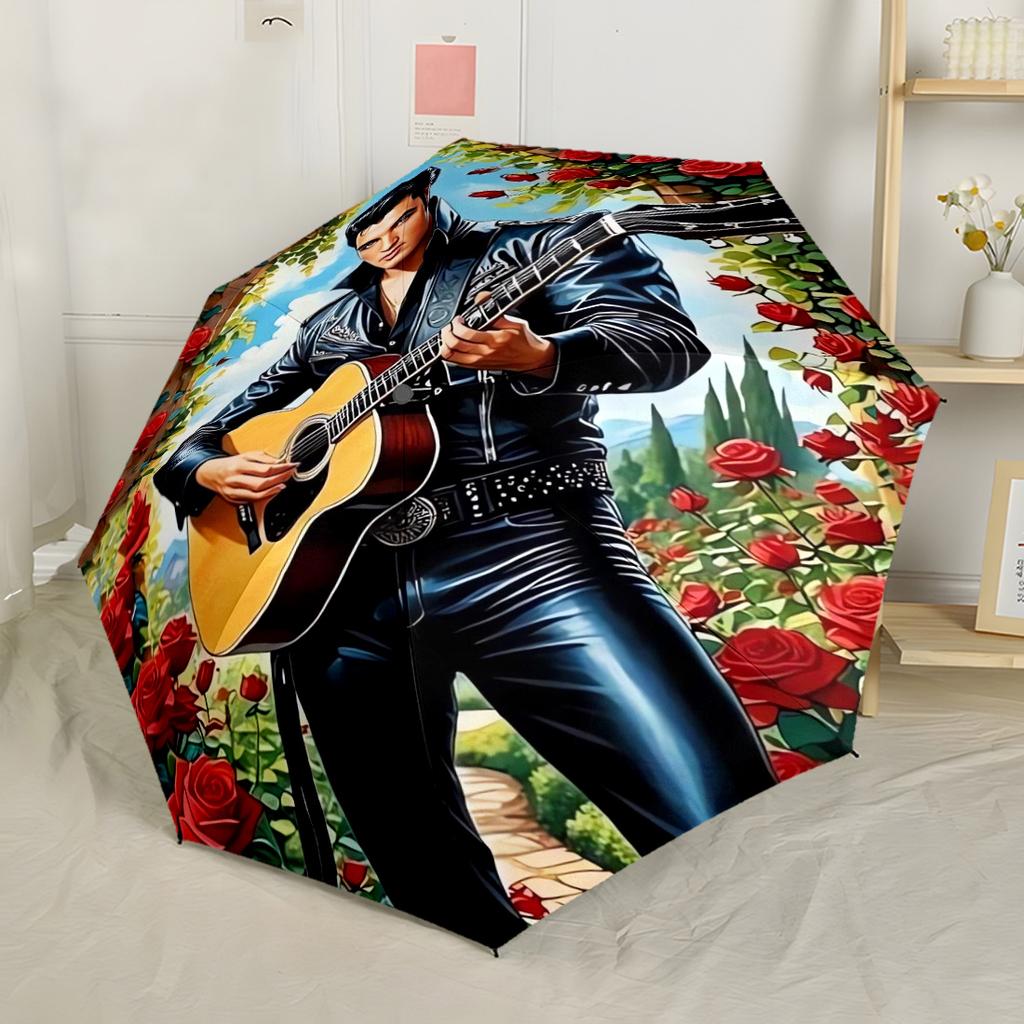 Love Me Tender Elvis' Western Charm Compact Travel Automatic Umbrella with 8 Rib Durable Plastic Iron for Women Men Compact Folding Umbrella