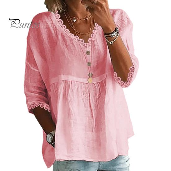

Женская рубашка с V-образным вырезом, рукавом 3/4, свободный крой, кружевные топы, однотонная свободная дышащая повседневная рубашка S розовый