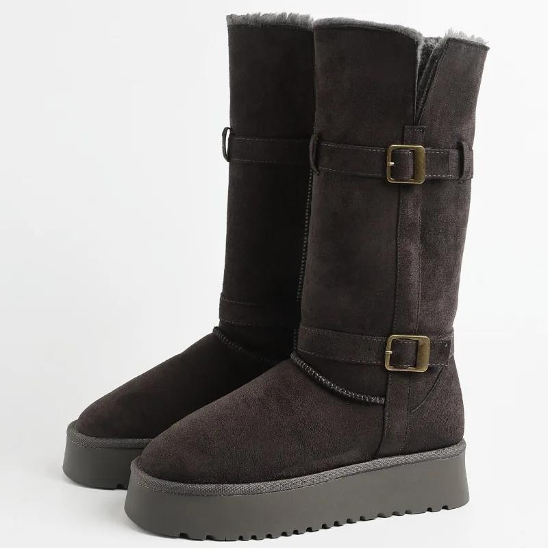 Mellankalv Platt med Vinter Snöstövlar Slip-on Rund Tå Damskor på Rea 2024 Hög Kvalitet Mellanhäl Enfärgad Spänne Stövlar