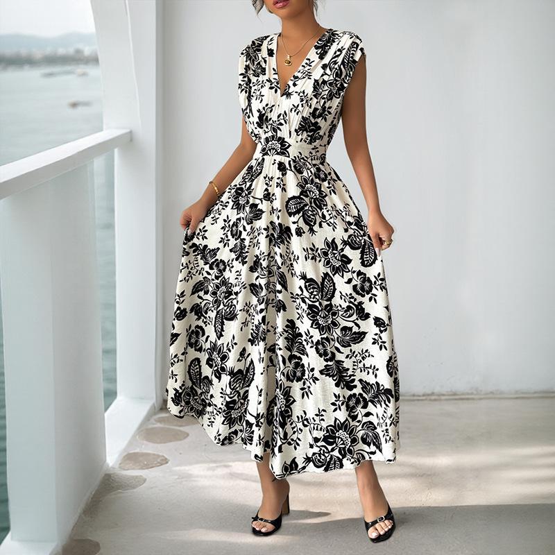 2026 Summer European Floral V-Neck Sleeveless Waist-Cinching Dress for Women