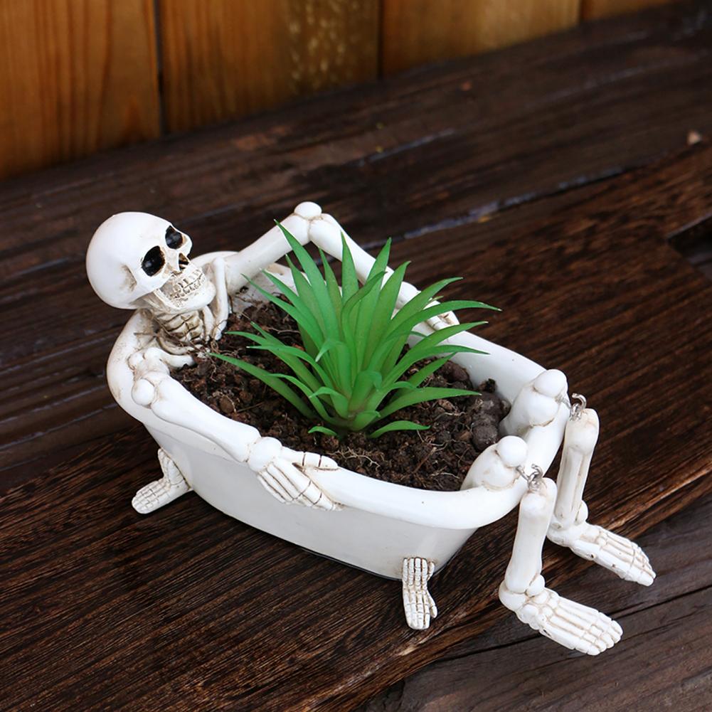 Bathtub Skeleton Ornament Halloween Skeleton Decor Skeleton Flower Pot Resin Planter for Succulents Halloween Decor Desktop