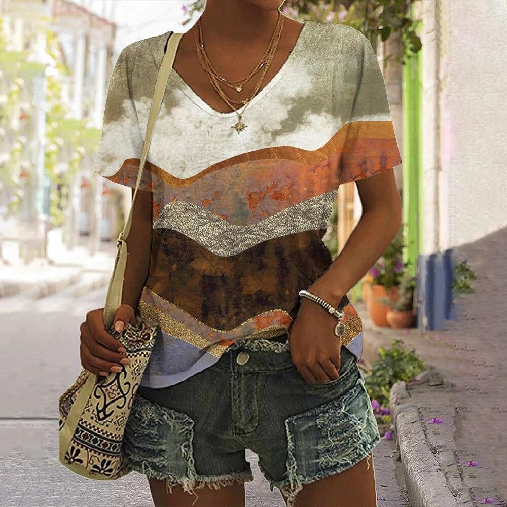 Gestreiftes T-Shirt für Damen, neue einfache Kleidung, lässig, V-Ausschnitt, kurzärmelig, T-Shirt, Harajuku, Retro-Druck, Damen-T-Shirt, Sommer