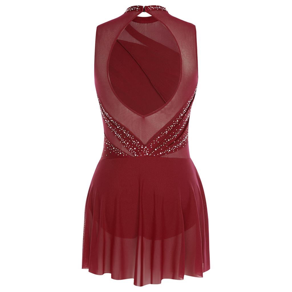 Womens Gymnastics Ballet Lyrical Dance Leotard Dress Rhinestone Embellished Mesh Skirt Dress Modern Contemporary Dance Costume