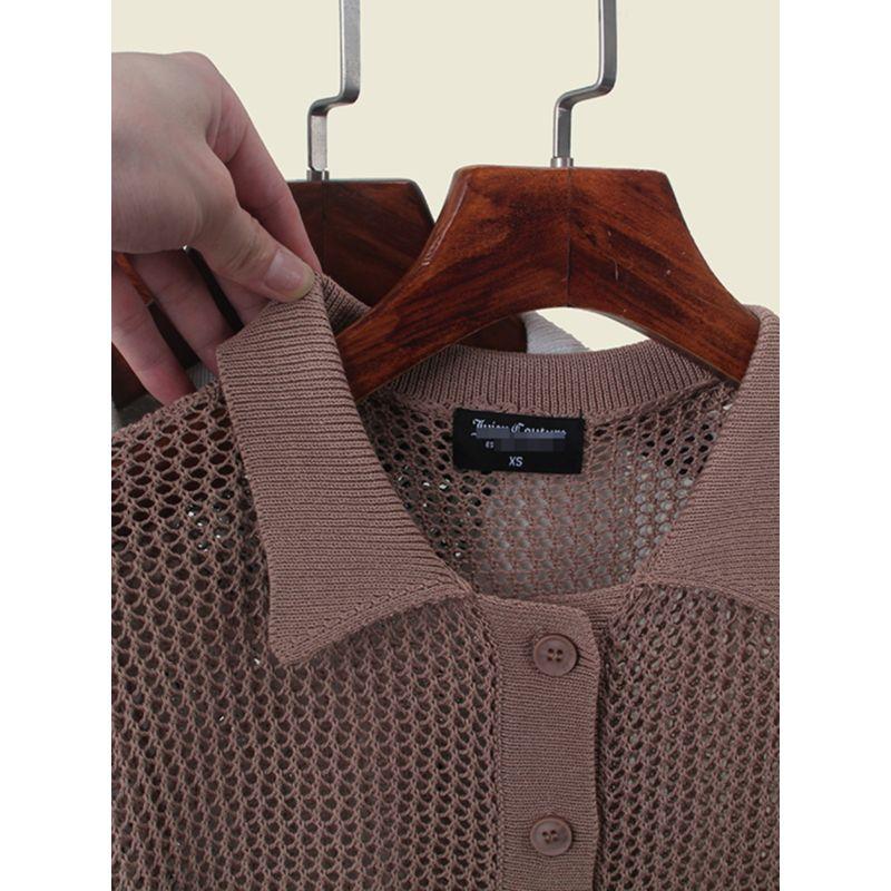 French Entry Lux Sense Polo Collar Short Sleeve Knitwear Summer Thin Hollow Sexy Single Breasted Tops